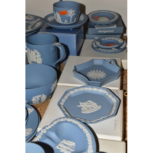 346 - A QUANTITY OF WEDGWOOD JASPERWARE, in pale blue, comprising a teacup and saucer, a Christmas 1982 ta... 