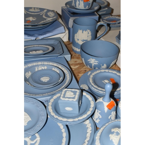 346 - A QUANTITY OF WEDGWOOD JASPERWARE, in pale blue, comprising a teacup and saucer, a Christmas 1982 ta... 