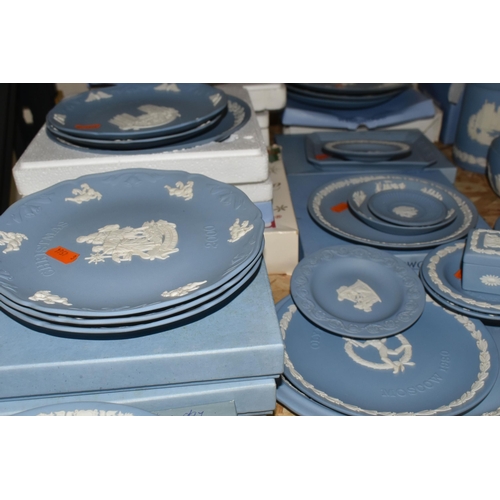 346 - A QUANTITY OF WEDGWOOD JASPERWARE, in pale blue, comprising a teacup and saucer, a Christmas 1982 ta... 