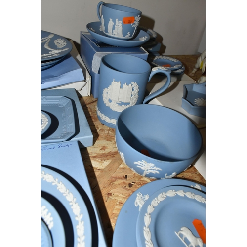 346 - A QUANTITY OF WEDGWOOD JASPERWARE, in pale blue, comprising a teacup and saucer, a Christmas 1982 ta... 