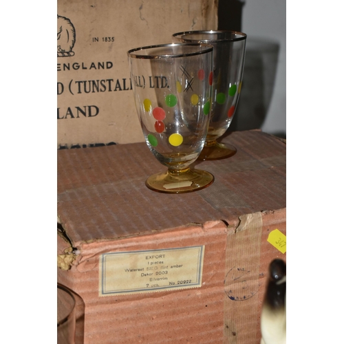 347 - FIVE BOXES AND LOOSE CERAMICS AND GLASS WARE, to include a boxed mid twentieth century glass lemonad... 