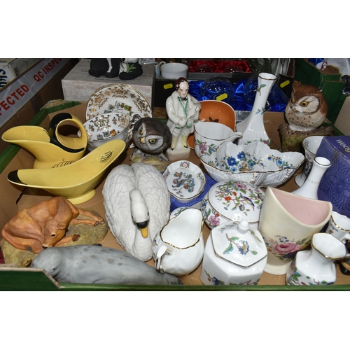 349 - TWO BOXES AND LOOSE CERAMICS AND GLASS WARE, to include a nineteenth century Staffordshire figure of... 