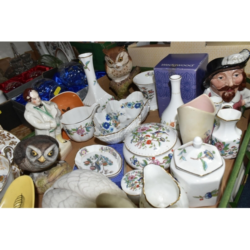 349 - TWO BOXES AND LOOSE CERAMICS AND GLASS WARE, to include a nineteenth century Staffordshire figure of... 