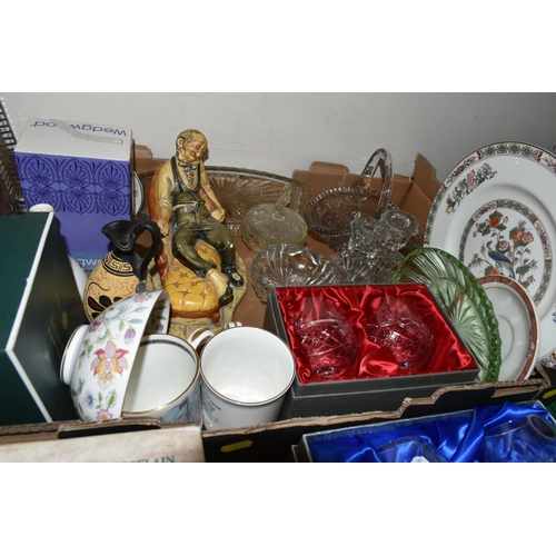 349 - TWO BOXES AND LOOSE CERAMICS AND GLASS WARE, to include a nineteenth century Staffordshire figure of... 