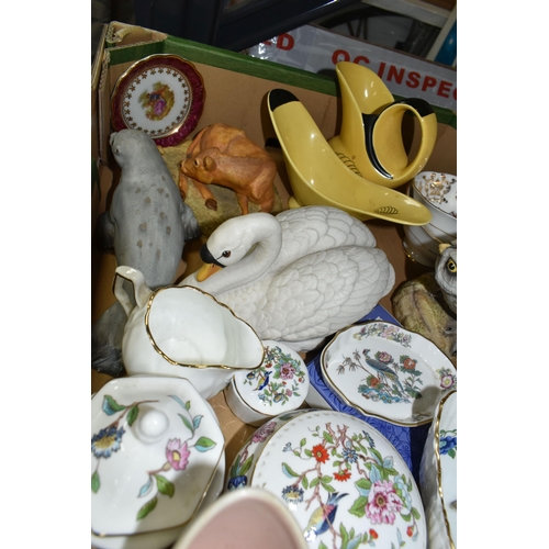 349 - TWO BOXES AND LOOSE CERAMICS AND GLASS WARE, to include a nineteenth century Staffordshire figure of... 