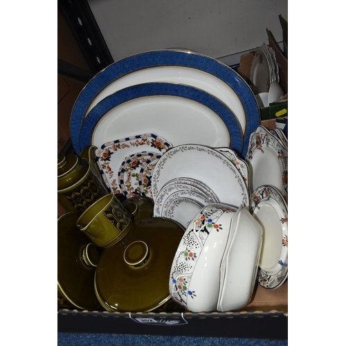 352 - TWO BOXES OF DINNERWARE, to include five pieces of Hornsea Heirloom: two tureens, a coffee pot, a cr... 