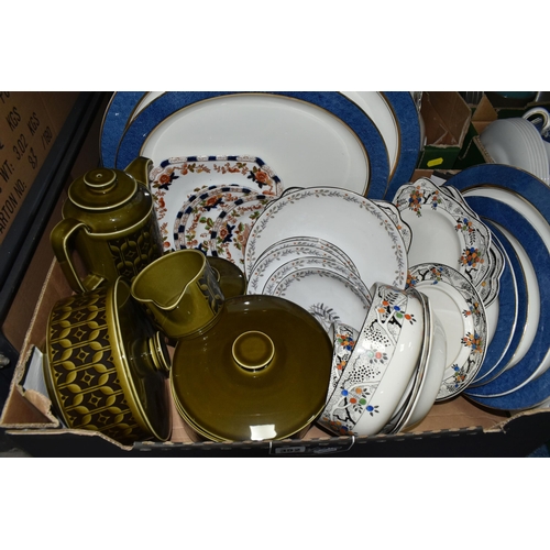 352 - TWO BOXES OF DINNERWARE, to include five pieces of Hornsea Heirloom: two tureens, a coffee pot, a cr... 