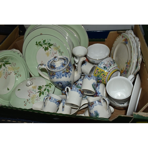 352 - TWO BOXES OF DINNERWARE, to include five pieces of Hornsea Heirloom: two tureens, a coffee pot, a cr... 