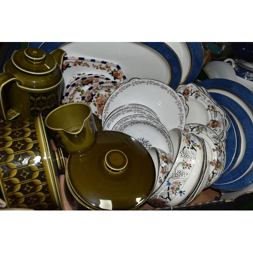 352 - TWO BOXES OF DINNERWARE, to include five pieces of Hornsea Heirloom: two tureens, a coffee pot, a cr... 