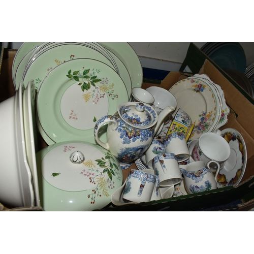 352 - TWO BOXES OF DINNERWARE, to include five pieces of Hornsea Heirloom: two tureens, a coffee pot, a cr... 