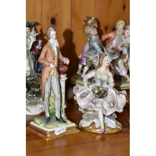 356 - SIX CAPODIMONTE PORCELAIN FIGURAL GROUPS, comprising an Italian group of children dancing around a t... 