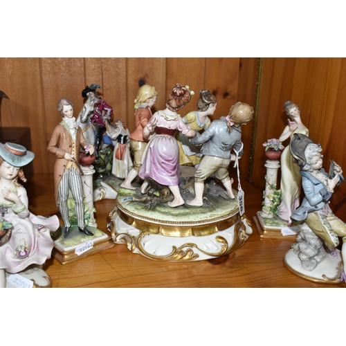 356 - SIX CAPODIMONTE PORCELAIN FIGURAL GROUPS, comprising an Italian group of children dancing around a t... 