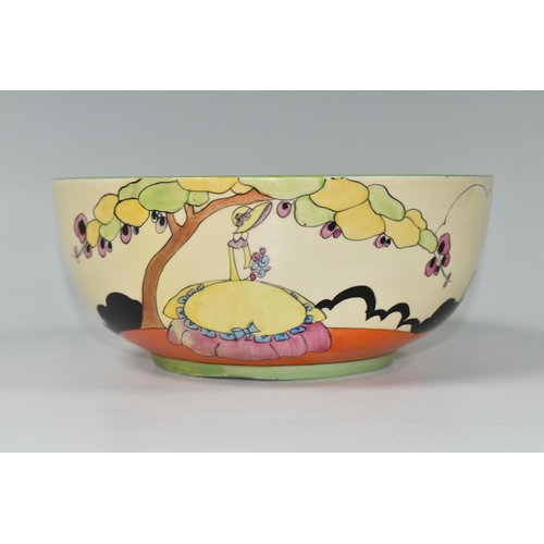 367 - A CLARICE CLIFF 'APPLIQUE IDYLL' CRINOLINE LADY FRUIT BOWL, diameter 21cm, black printed backstamp -... 