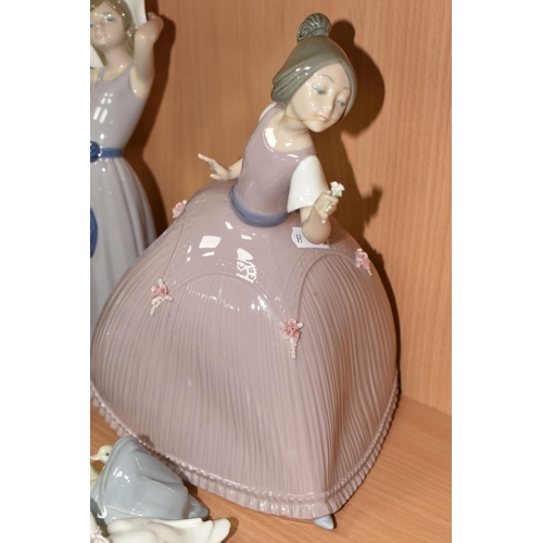 373 - A GROUP OF SIX LLADRO AND NAO FIGURES, comprising 5120 'Girl In Pink Dress' (cracked and reglued hea... 