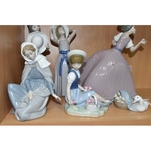 373 - A GROUP OF SIX LLADRO AND NAO FIGURES, comprising 5120 'Girl In Pink Dress' (cracked and reglued hea... 