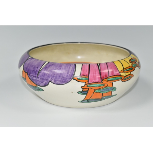 381 - A CLARICE CLIFF 'LATONA' BOWL, with stylised angel's trumpet decoration, orange and purple band to i... 