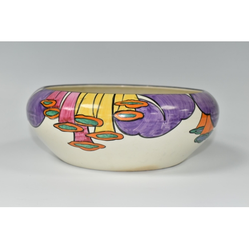 381 - A CLARICE CLIFF 'LATONA' BOWL, with stylised angel's trumpet decoration, orange and purple band to i... 