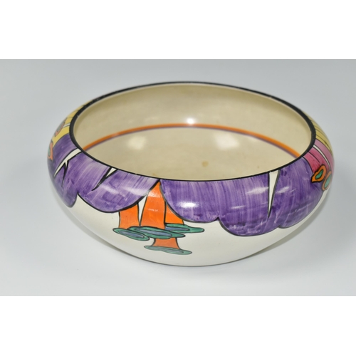 381 - A CLARICE CLIFF 'LATONA' BOWL, with stylised angel's trumpet decoration, orange and purple band to i... 