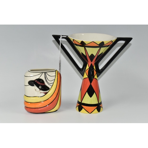 383 - TWO LORNA BAILEY VASES, comprising a Harmony vase, of hour glass form with moulded angular handles, ... 