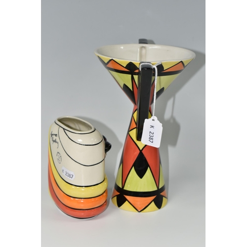 383 - TWO LORNA BAILEY VASES, comprising a Harmony vase, of hour glass form with moulded angular handles, ... 