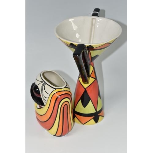 383 - TWO LORNA BAILEY VASES, comprising a Harmony vase, of hour glass form with moulded angular handles, ... 