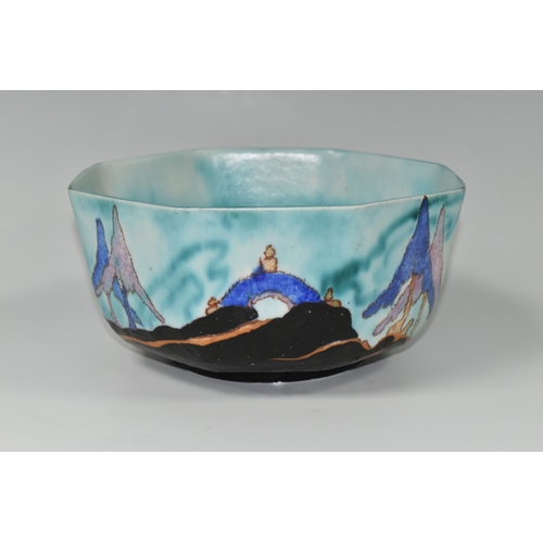 386 - A CLARICE CLIFF  INSPIRATION - CAPRICE BOWL, the octagonal bowl decorated with a stylised landscape ... 