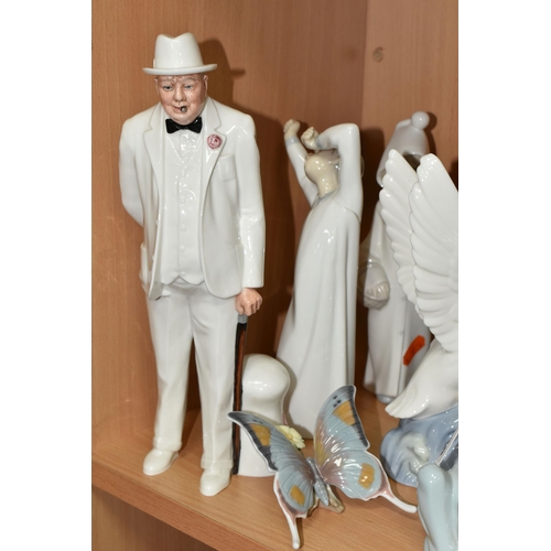 389 - SEVEN LLADRO FIGURES, A NAO DUCK AND A ROYAL DOULTON 'SIR WINSTON CHURCHILL' HN3057, A.F., the Lladr... 