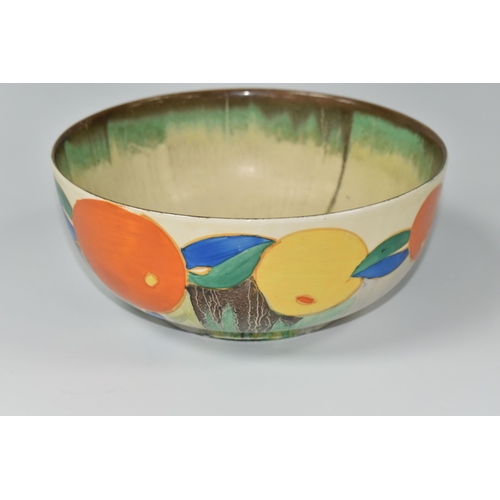 396 - A CLARICE CLIFF DELECIA CITRUS PATTERN BOWL, the worn interior with dripped bands of grey and green,... 