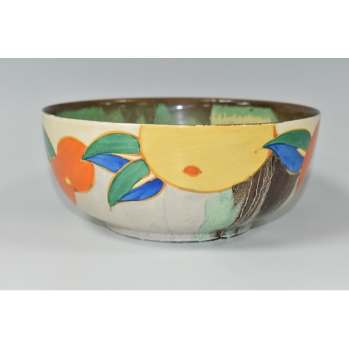 396 - A CLARICE CLIFF DELECIA CITRUS PATTERN BOWL, the worn interior with dripped bands of grey and green,... 