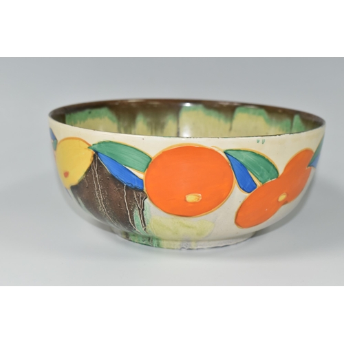 396 - A CLARICE CLIFF DELECIA CITRUS PATTERN BOWL, the worn interior with dripped bands of grey and green,... 