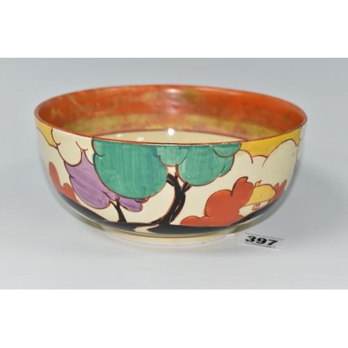 397 - A CLARICE CLIFF FANTASQUE BIZARRE GREEN AUTUMN (BALLOON TREES) PATTERN BOWL, with extensive damage, ... 