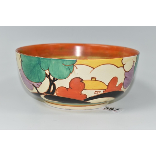 397 - A CLARICE CLIFF FANTASQUE BIZARRE GREEN AUTUMN (BALLOON TREES) PATTERN BOWL, with extensive damage, ... 