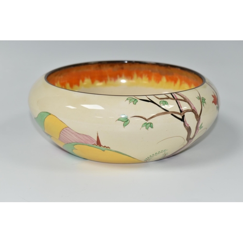 401 - A CLARICE CLIFF BIZARRE SPIRE PATTERN BOWL, shape no.55, the interior with brown, orange and yellow ... 