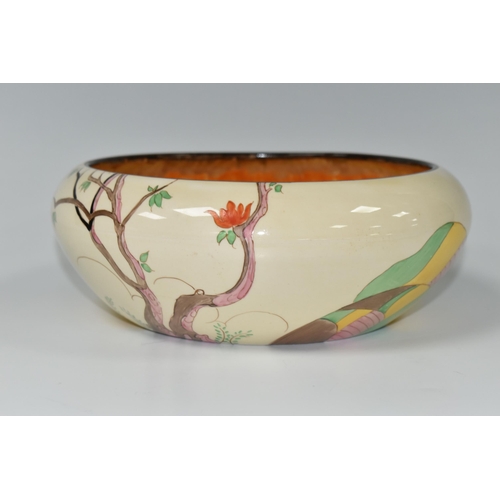 401 - A CLARICE CLIFF BIZARRE SPIRE PATTERN BOWL, shape no.55, the interior with brown, orange and yellow ... 