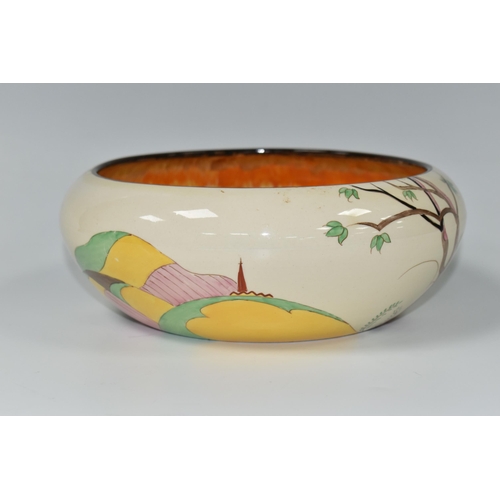 401 - A CLARICE CLIFF BIZARRE SPIRE PATTERN BOWL, shape no.55, the interior with brown, orange and yellow ... 