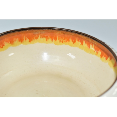 401 - A CLARICE CLIFF BIZARRE SPIRE PATTERN BOWL, shape no.55, the interior with brown, orange and yellow ... 