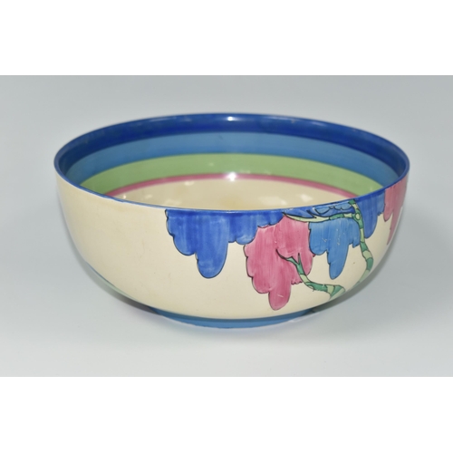 403 - A CLARICE CLIFF BIZARRE RUDYARD PATTERN BOWL, the interior with painted bands of shades of blue, gre... 