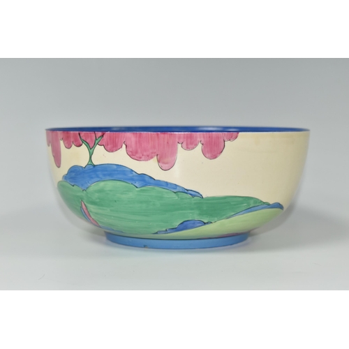 403 - A CLARICE CLIFF BIZARRE RUDYARD PATTERN BOWL, the interior with painted bands of shades of blue, gre... 