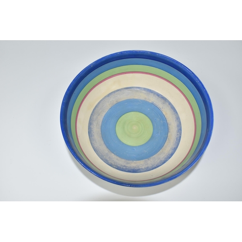 403 - A CLARICE CLIFF BIZARRE RUDYARD PATTERN BOWL, the interior with painted bands of shades of blue, gre... 