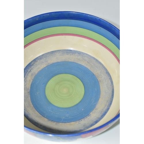 403 - A CLARICE CLIFF BIZARRE RUDYARD PATTERN BOWL, the interior with painted bands of shades of blue, gre... 