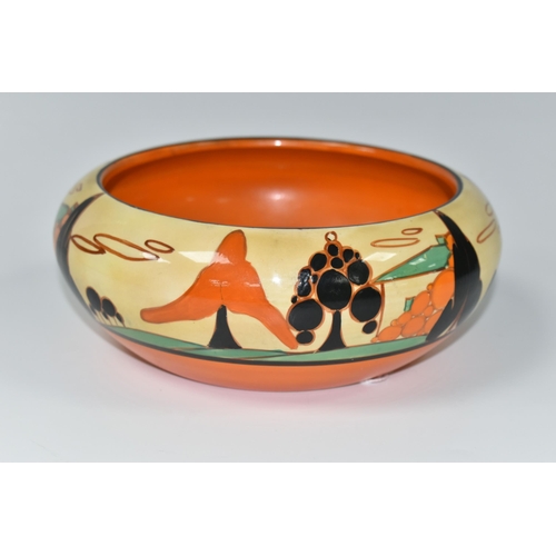 409 - A CLARICE CLIFF FANTASQUE BIZARRE TREES & HOUSE PATTERN BOWL, the interior painted with orange and b... 