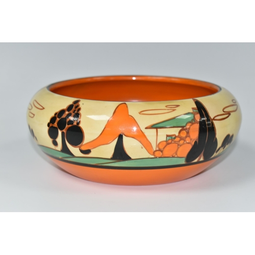 409 - A CLARICE CLIFF FANTASQUE BIZARRE TREES & HOUSE PATTERN BOWL, the interior painted with orange and b... 