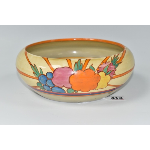 413 - A CLARICE CLIFF FANTASQUE BIZARRE FRUITBURST PATTERN BOWL, the heavily worn interior with painted ba... 