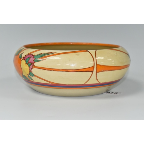 413 - A CLARICE CLIFF FANTASQUE BIZARRE FRUITBURST PATTERN BOWL, the heavily worn interior with painted ba... 