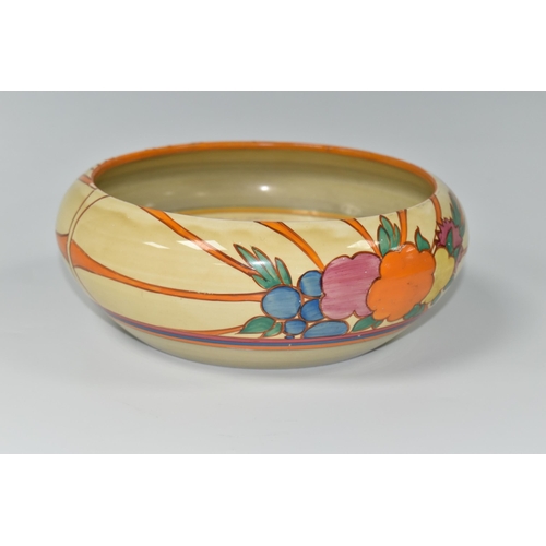 413 - A CLARICE CLIFF FANTASQUE BIZARRE FRUITBURST PATTERN BOWL, the heavily worn interior with painted ba... 