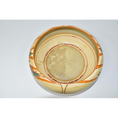 413 - A CLARICE CLIFF FANTASQUE BIZARRE FRUITBURST PATTERN BOWL, the heavily worn interior with painted ba... 