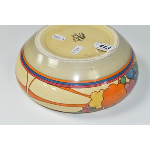 413 - A CLARICE CLIFF FANTASQUE BIZARRE FRUITBURST PATTERN BOWL, the heavily worn interior with painted ba... 