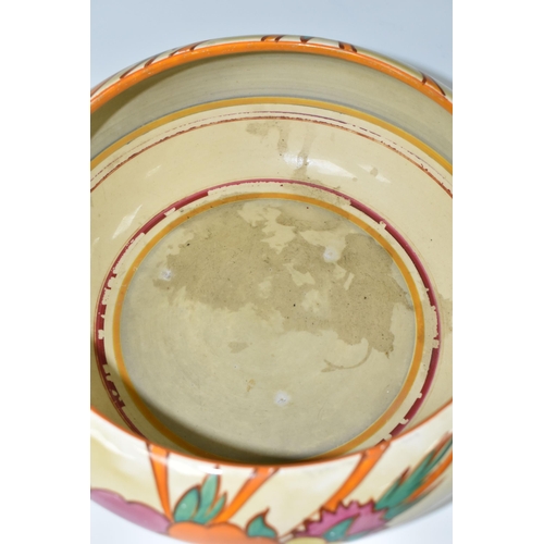 413 - A CLARICE CLIFF FANTASQUE BIZARRE FRUITBURST PATTERN BOWL, the heavily worn interior with painted ba... 