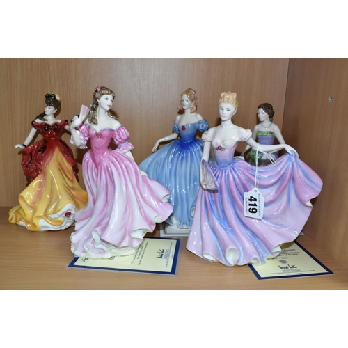 419 - FIVE ROYAL DOULTON FIGURE OF THE YEAR LADIES, comprising 1996 'Belle' HN3703 (no certificate), 1997 ... 