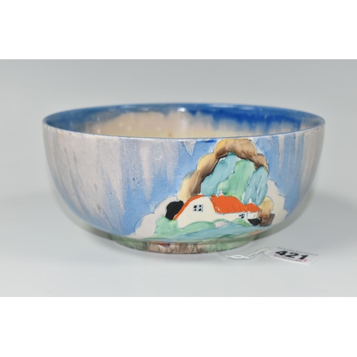 421 - A CLARICE CLIFF BIZARRE NEWLYN PATTERN BOWL, the interior with streaked blue glaze rim and worn inte... 